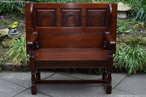 A WOOD BROTHERS OLD CHARM TUDOR BROWN CARVED OAK MONKS BENCH SETTLE PEW