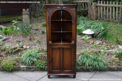 A TITCHMARSH AND GOODWIN STYLE CARVED OAK DISPLAY SHELVES / CORNER CABINET