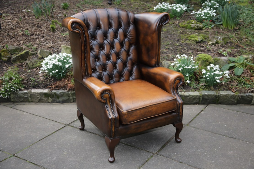 A Thomas Lloyd Antique Brown Leather, Leather Wingback Chesterfield Sofa