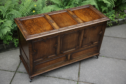 A LARGE CARVED OAK BLANKET TOY LOG BOX RUG MULE CHEST COFFER TRUNK CABINET COFFEE TABLE.