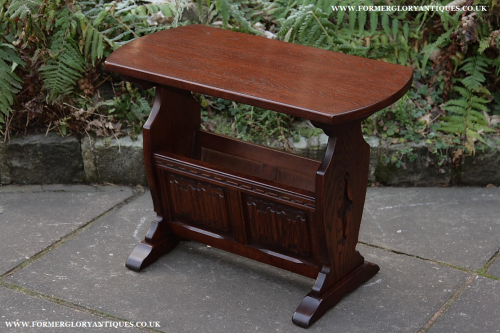 AN OLD CHARM TUDOR BROWN OAK MAGAZINE RACK COFFEE SIDE END LAMP TABLE BOOKCASE.