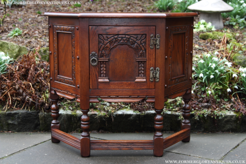 AN OLD CHARM WOOD BROTHERS TUDOR BROWN OAK CABINET CANTED LAMP END HALL TABLE CUPBOARD SIDEBOARD DRESSER BASE