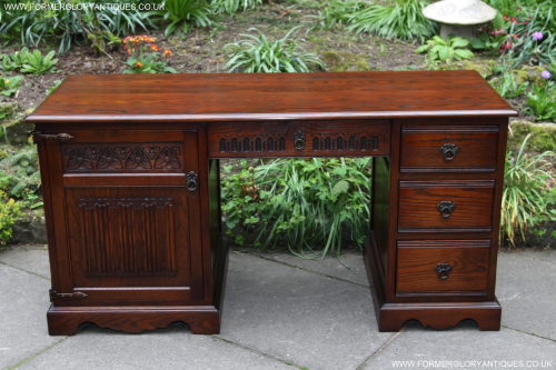AN OLD CHARM WOOD BROTHERS TUDOR BROWN CARVED OAK LAPTOP COMPUTER OFFICE WRITING DESK TABLE CABINET CUPBOARD STAND