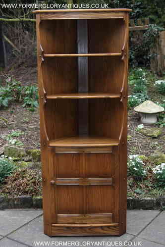 AN ERCOL GOLDEN DAWN CORNER TABLE DISPLAY CABINET CUPBOARD STAND SHELVES BOOKCASE