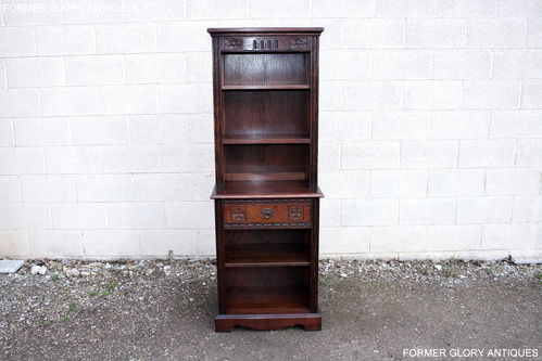 A WOOD BROTHERS OLD CHARM TUDOR BROWN CARVED OAK NARROW OPEN BOOKCASE / BOOKSHELVES
