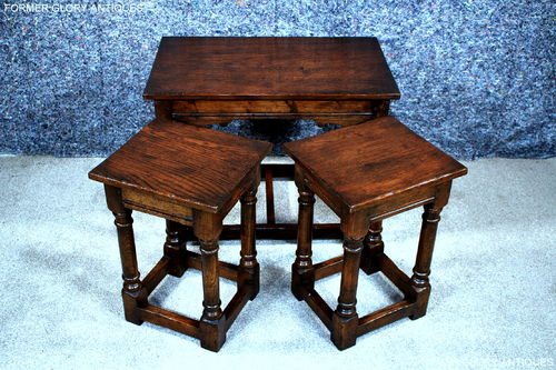 A TITCHMARSH AND GOODWIN STYLE JACOBEAN STRESSED OAK NEST OF THREE TABLES / COFFEE TABLE SET